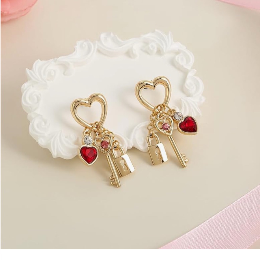 Madison Tyler Heart Earrings Dangle| Gold Heart-And Key Earrings W/ Red Accents